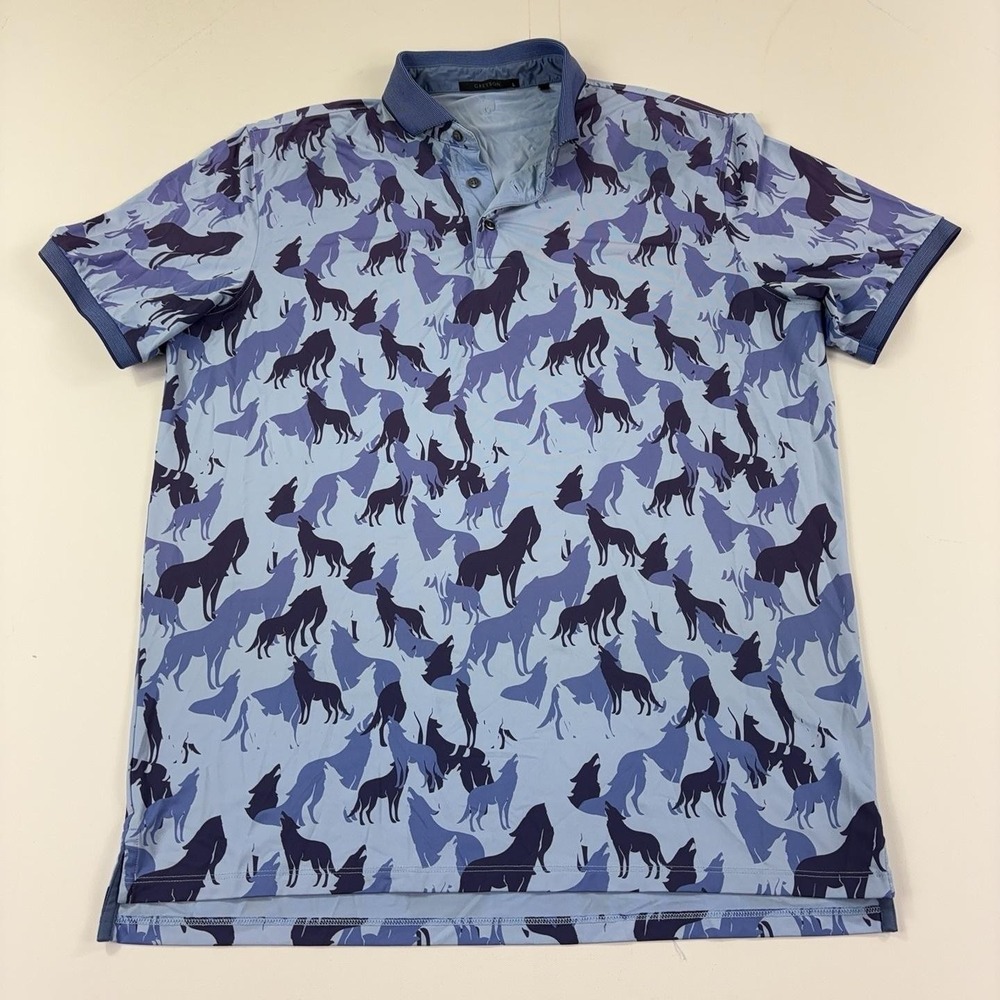 Greyson Polo Shirt Mens Large Blue All Over Wolf Print Graphic Golf Short Sleeve